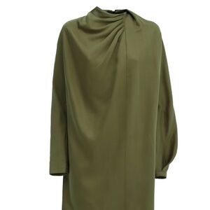 Loose-Fit Mini Dress With Draped Neckline Satin Olive